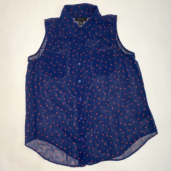 AB Studio Navy Blue/Red Hearts Print Sleeveless Collared Sheer Blouse Women's Si - Picture 1 of 8
